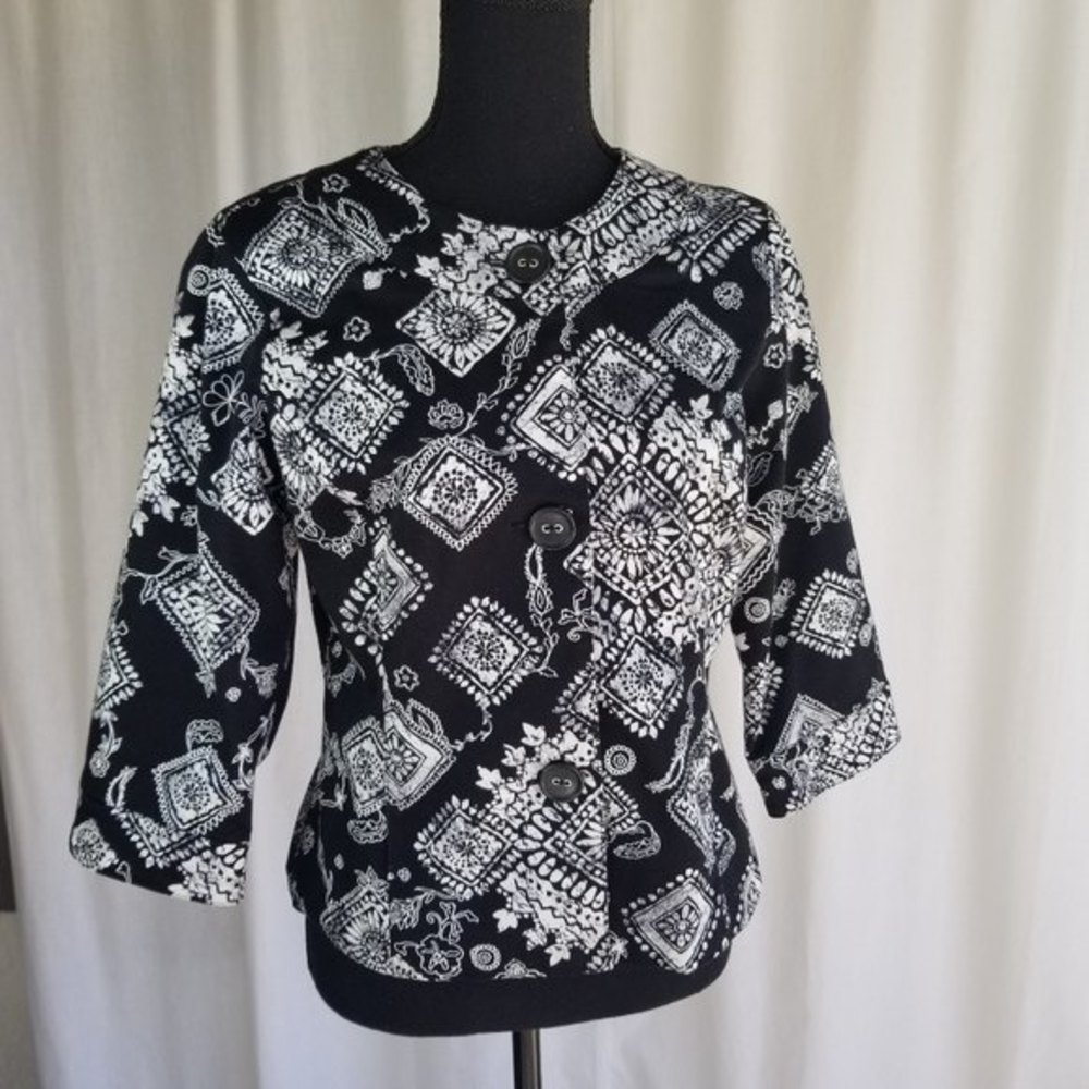COLDWATER CREEK  jacket black white print fitted fully lined turquoise P6